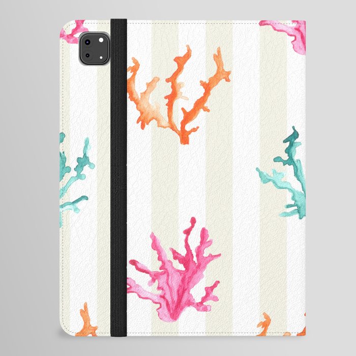 Colorful Coral Reef on Cream Off-White Stripes iPad Folio Case