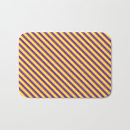 [ Thumbnail: Dark Slate Blue, Red, Yellow & Violet Colored Stripes Pattern Bath Mat ]