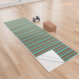 [ Thumbnail: Sienna & Turquoise Colored Striped/Lined Pattern Yoga Towel ]