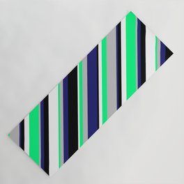[ Thumbnail: Green, Grey, Midnight Blue, Black & White Colored Stripes Pattern Yoga Mat ]