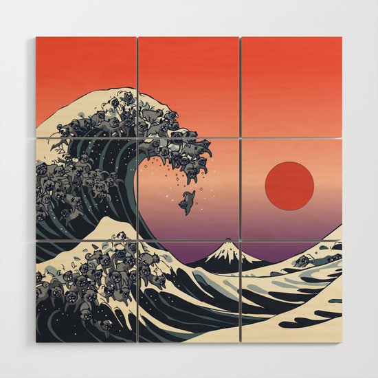 The Great Wave Of Black Pug Wood Wall Art By Huebucket Society6