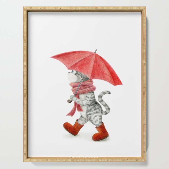 Tabby Cat with a red umbrella Serving Tray