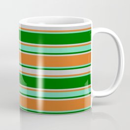 [ Thumbnail: Chocolate, Aquamarine, Dark Green, and Grey Colored Lines Pattern Coffee Mug ]