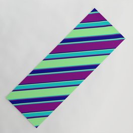 [ Thumbnail: Green, Dark Turquoise, Purple, and Dark Blue Colored Striped Pattern Yoga Mat ]