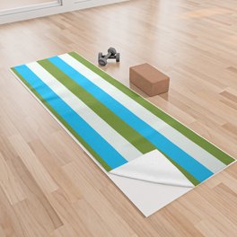 [ Thumbnail: Deep Sky Blue, Green, and Mint Cream Colored Striped/Lined Pattern Yoga Towel ]