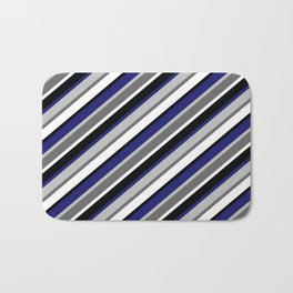 [ Thumbnail: Grey, Dim Grey, White, Black & Midnight Blue Colored Lined Pattern Bath Mat ]