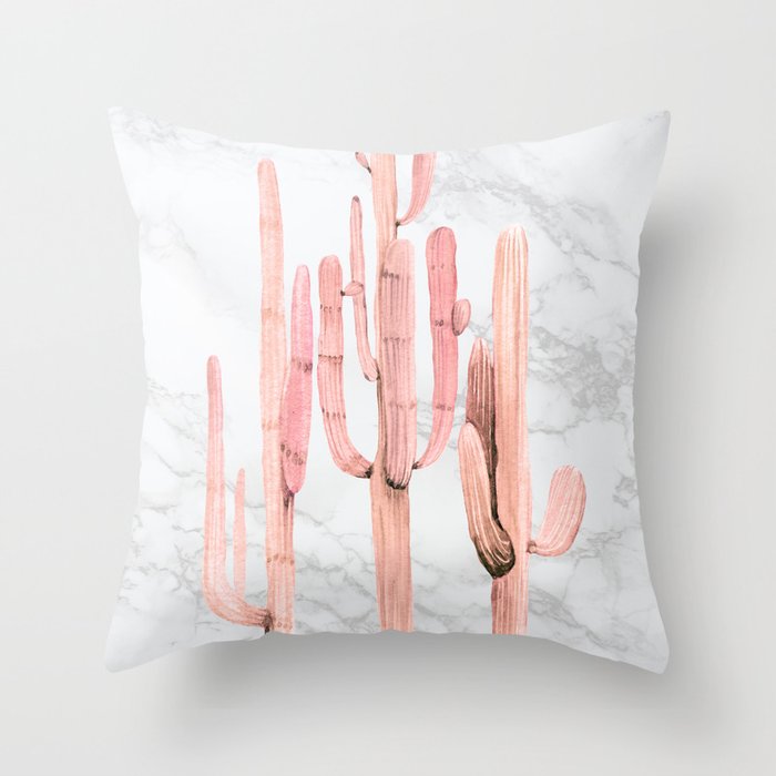 Coral Marble Cactus Watercolor Painting Throw Pillow