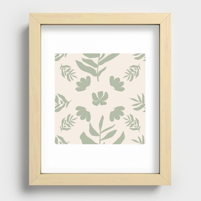 Sage Green Leaf and Wildflowers Pattern Recessed Framed Print