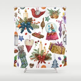 Watercolor Pattern with Vintage Christmas ornaments, toys, and decorations. Illustrations of Christmas hand made toys, present boxes, teddy bear, teacup, candles, Christmas ball, bell, cinnamon stick Shower Curtain