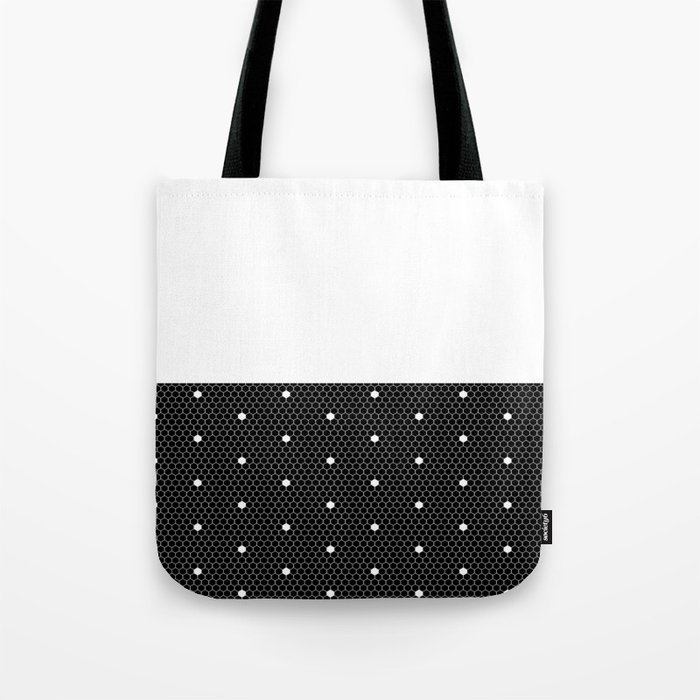 White Polka Dots Lace Horizontal Split on Black Tote Bag