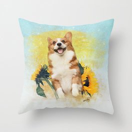Sundog. Cute corgi puppy and sunflowers painting  Throw Pillow