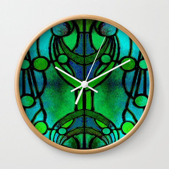 Green and Aqua Art Nouveau Stained Glass Art Wall Clock