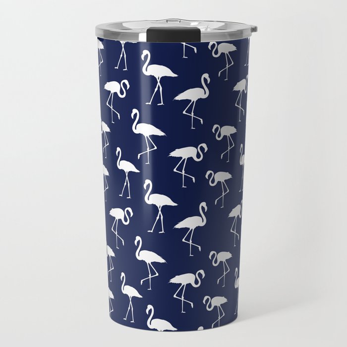White flamingo silhouettes seamless pattern on navy blue background Travel Mug