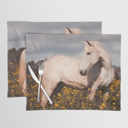 White horse on flower field, Lusitano horses, beautiful stallion. Placemat
