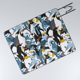 Merry penguins // black white grey dark teal yellow and coral type species of penguins blue dressed for winter and Christmas season (King, African, Emperor, Gentoo, Galápagos, Macaroni, Adèlie, Rockhopper, Yellow-eyed, Chinstrap) Picnic Blanket