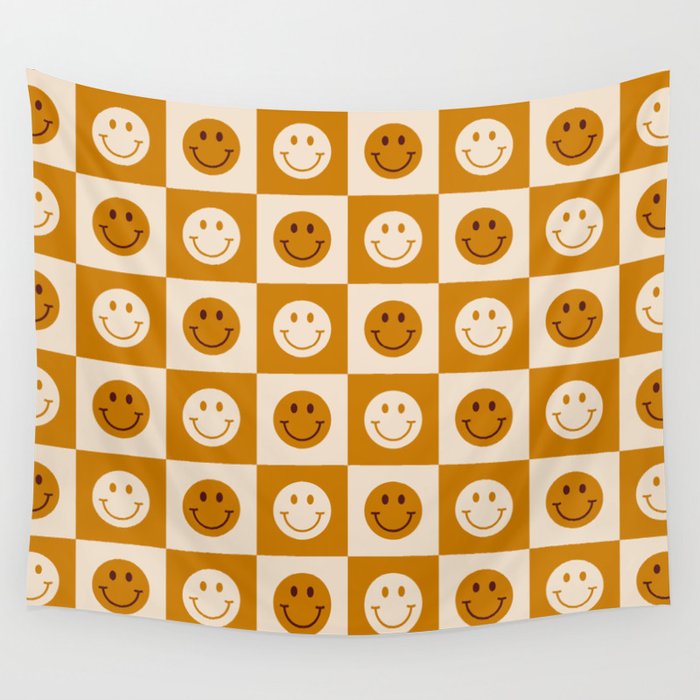70s Retro Smiley Face Tile Pattern in Yellow & Beige Wall Tapestry