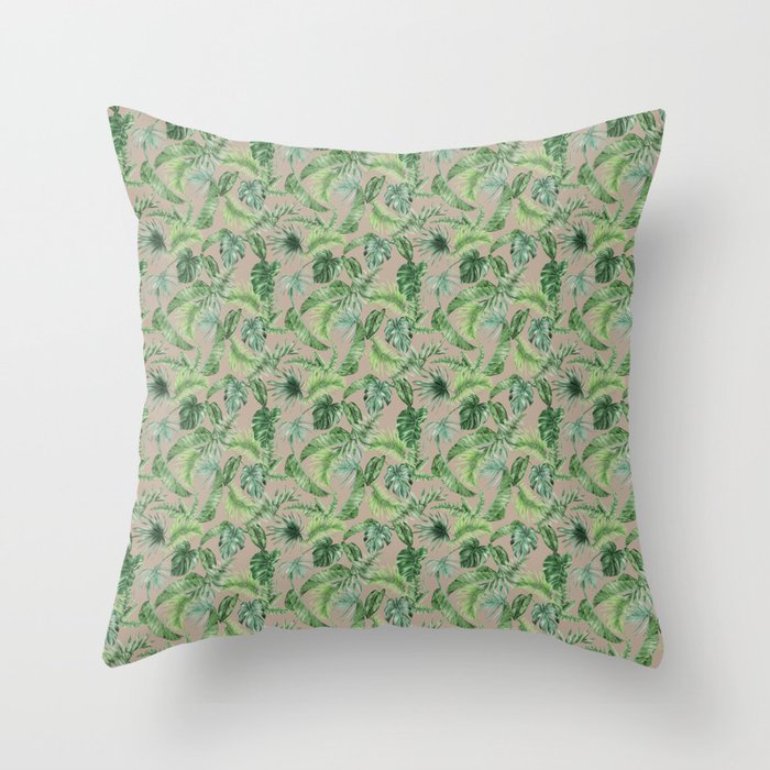 Watercolor Tropical Jungle Leaves Throw Pillow