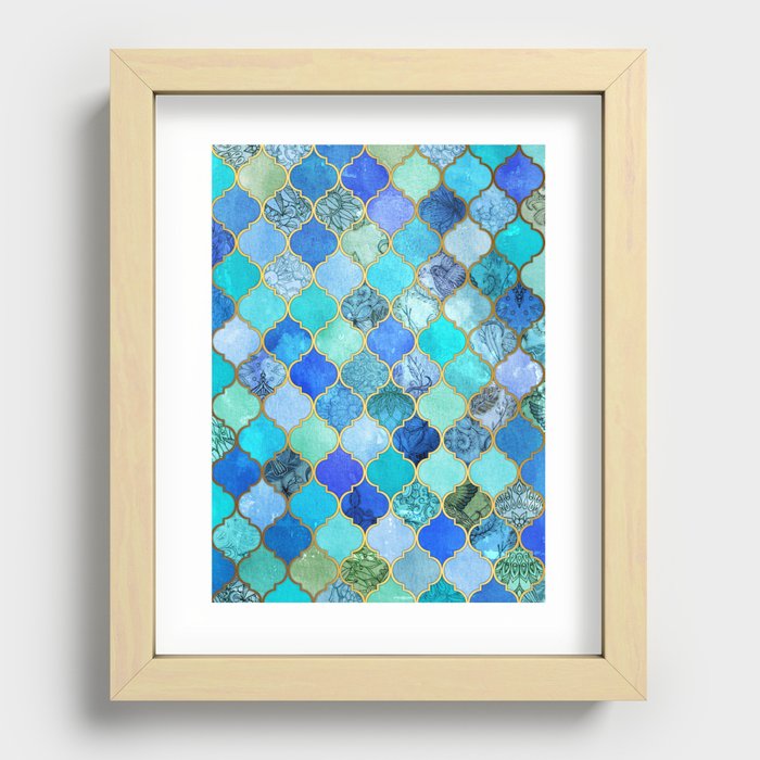 Cobalt Blue, Aqua & Gold Decorative Moroccan Tile Pattern Recessed Framed Print