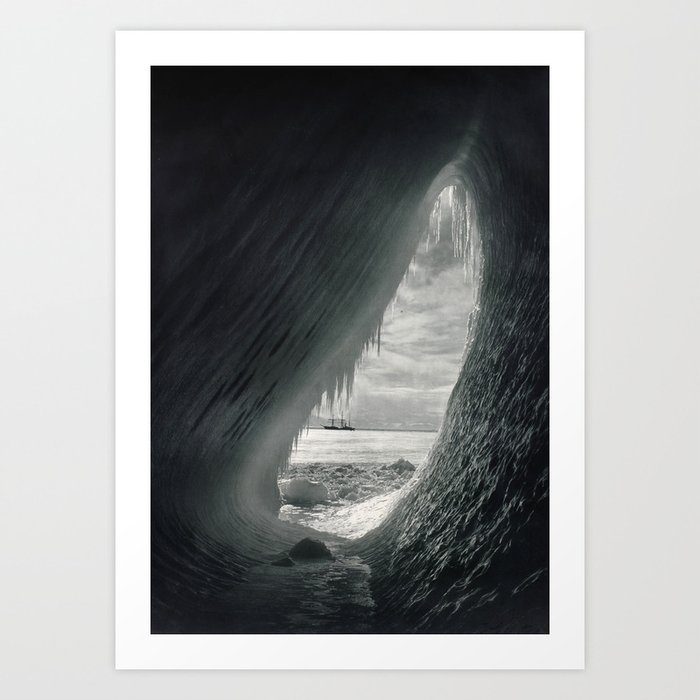 Grotto in berg, Terra Nova in distance, Antarctica black and white photographs / photography by Herbert Ponting Art Print