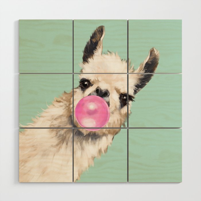 Bubble Gum Sneaky Llama in Green Wood Wall Art
