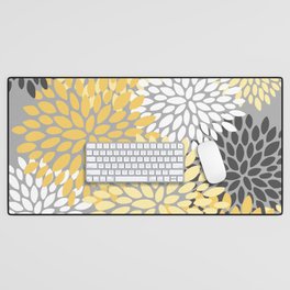 Floral Blooms, Gray, Charcoal, Yellow Desk Mat