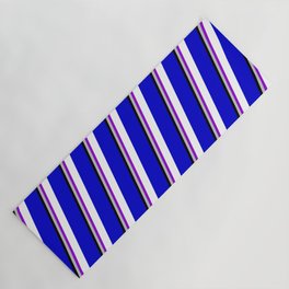 [ Thumbnail: Colorful Grey, Dark Violet, White, Blue & Black Colored Stripes Pattern Yoga Mat ]