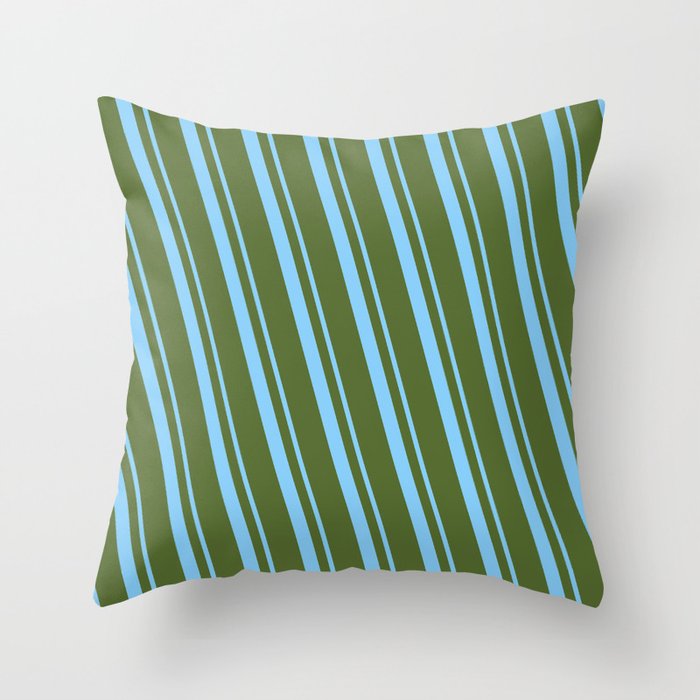 Light Sky Blue and Dark Olive Green Colored Lined/Striped Pattern Throw Pillow