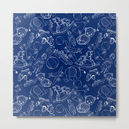 Blue and White Toys Outline Pattern Metal Print