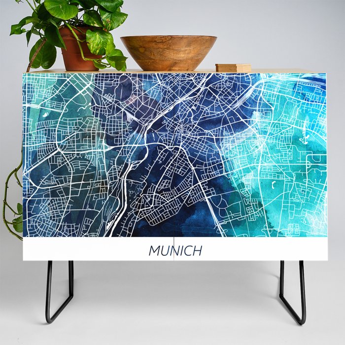 Munich Street Map Navy Blue Turquoise Watercolor Germany Europe Map Credenza