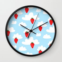Strawberry Days on Clouds Cute Pattern In Blue Wall Clock