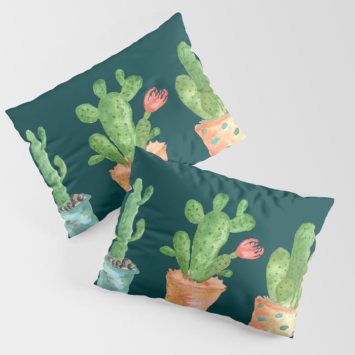 Three Green Cacti On Green Background Pillow Sham