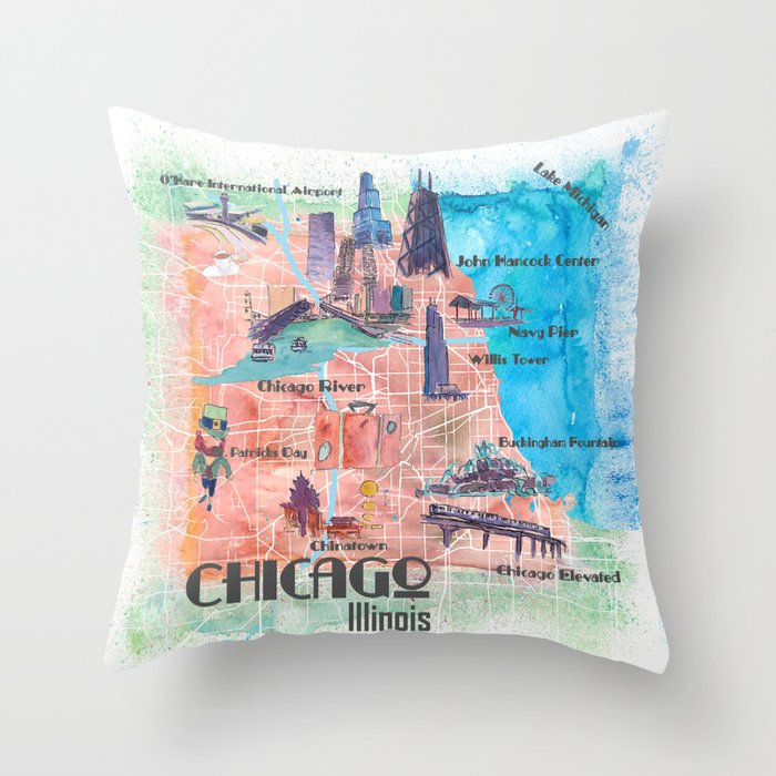 Chicago Illinois USA Illustrated Map with Main Roads Landmarks and Highlights Throw Pillow