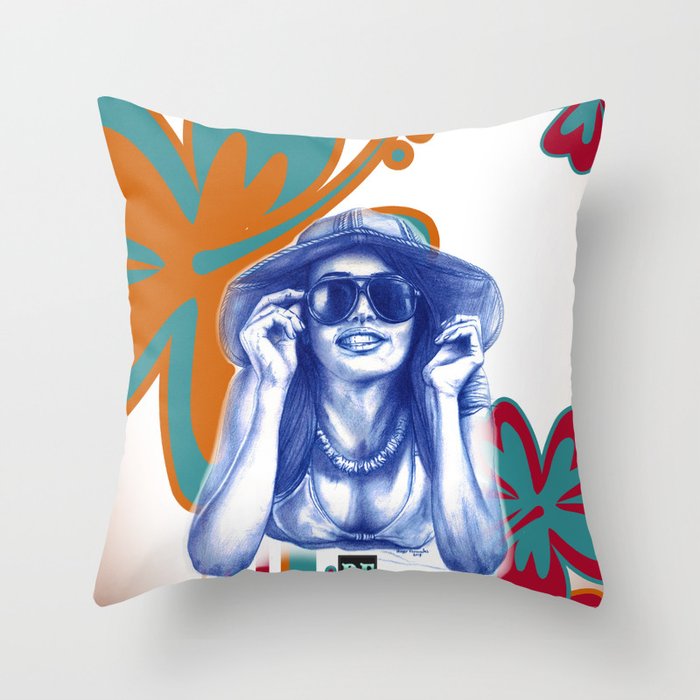 Girl in Blue at the Beach Throw Pillow