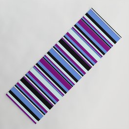 [ Thumbnail: Cornflower Blue, Purple, Light Cyan, and Black Colored Stripes Pattern Yoga Mat ]
