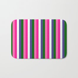 [ Thumbnail: Colorful Deep Pink, Mint Cream, Dark Slate Blue, Dark Green & Hot Pink Colored Stripes/Lines Pattern Bath Mat ]