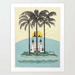 View of the island of Malang with a church under palm trees and a rising sun, anonymous artist (art cleaned and restored) Art Print