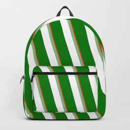 [ Thumbnail: Red, Dark Sea Green, White, and Green Colored Stripes/Lines Pattern Backpack ]