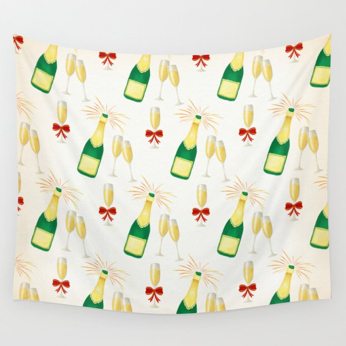 Christmas Pattern Handdrawn Champagne Wine Wall Tapestry