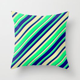 [ Thumbnail: Pale Goldenrod, Green, and Blue Colored Stripes/Lines Pattern Throw Pillow ]