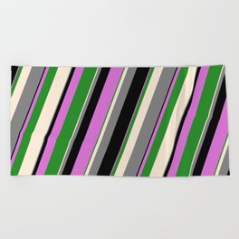 [ Thumbnail: Vibrant Beige, Gray, Black, Orchid & Forest Green Colored Stripes Pattern Beach Towel ]