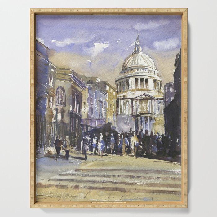 St. Paul's Cathedral at night in the city of London, England.  Watercolor painting London Serving Tray