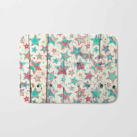 Grunge Stars on Shabby Chic White Painted Wood Bath Mat