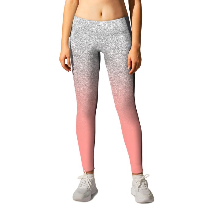 Modern chic coral pink silver glitter ombre gradient Leggings by