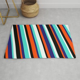 [ Thumbnail: Vibrant Mint Cream, Turquoise, Midnight Blue, Red & Black Colored Lines/Stripes Pattern Rug ]