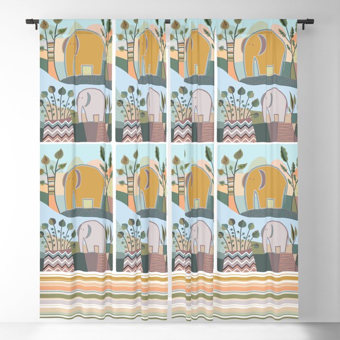 Two Elephants, Trees and a Vase Blackout Curtain