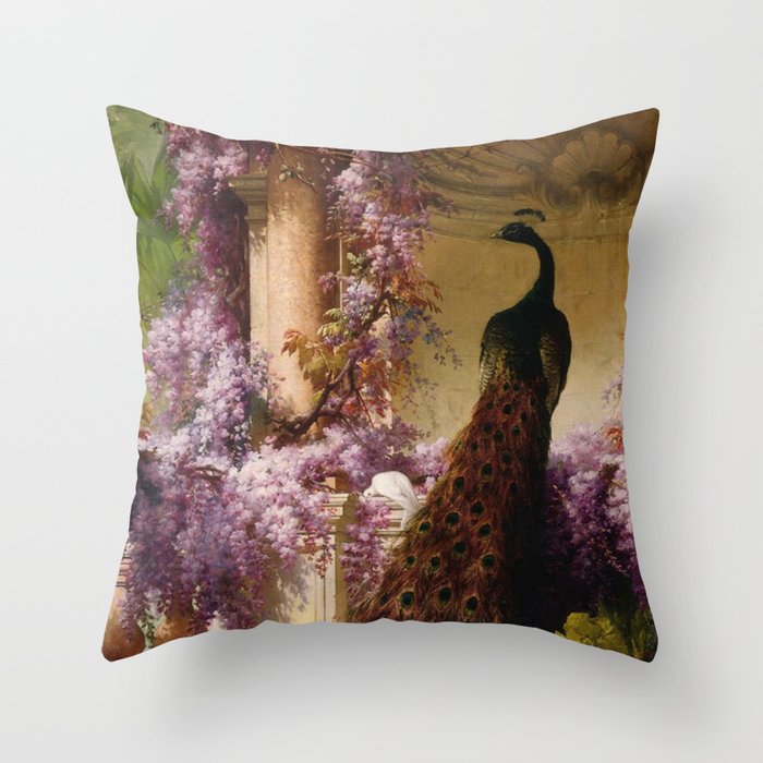 Peacock, White Doves, Yellow Iris & Purple Flowering Wisteria in a Garden landscape floral painting Throw Pillow