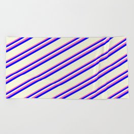 [ Thumbnail: Hot Pink, Blue, and Beige Colored Striped Pattern Beach Towel ]