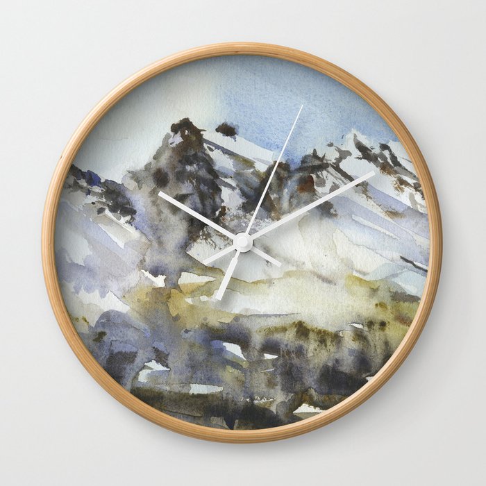 Snowy mountain watercolor landscape.  Fine art painting landscape artwork mountains snowy decor. Wall Clock
