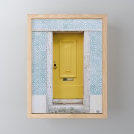 Yellow Door With Blue Portuguese Tiles | Azulejos | Lisbon Framed Mini Art Print
