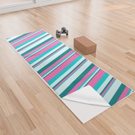 [ Thumbnail: Teal, Light Cyan, Dark Turquoise, and Hot Pink Colored Pattern of Stripes Yoga Towel ]